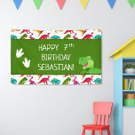 Colourful Dinosaur Pattern T-Rex Birthday Party Banner<br><div class="desc">Does your little boy or girl love dinosaurs? This birthday party banner is perfect! There's a big T-Rex, dinosaur footprints and your little kid's name and age on white, the text Happy Birthday, a green background, and a fun colourful dino pattern. This bday sign makes a great addition to your...</div>