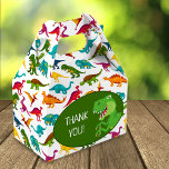 Colourful Dinosaur Pattern T-Rex Birthday Party Favour Box<br><div class="desc">Does your little boy or girl love dinosaurs? This custom birthday party favour box is perfect! There's a big dinosaur T-Rex,  a green background,  and a fun colourful dino pattern. 

This bday favour box makes a great personalised addition to your birthday celebration for a young fan of prehistoric dinos!</div>