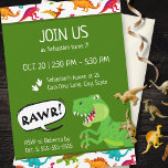 Colourful Dinosaur Pattern T-Rex Birthday Party Invitation<br><div class="desc">Does your little boy or girl love dinosaurs? This custom birthday party invitation is perfect! There's a big T-Rex saying RAWR, dinosaur footprints and your little kid's name on white, a green background, and a fun colourful dino pattern. This bday invite makes a great personalised addition to your birthday celebration...</div>