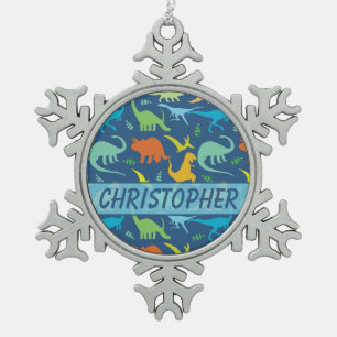 Colourful Dinosaur Pattern to Personalise Snowflake Pewter Christmas Ornament