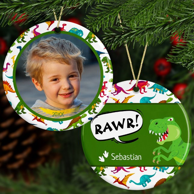 Colourful Dinosaur Pattern w Name + Photo Christma Ceramic Tree Decoration (Creator Uploaded)