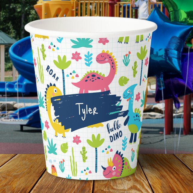 Colourful Dinosaur Pattern with Kids Name Birthday Paper Cups (Creator Uploaded)