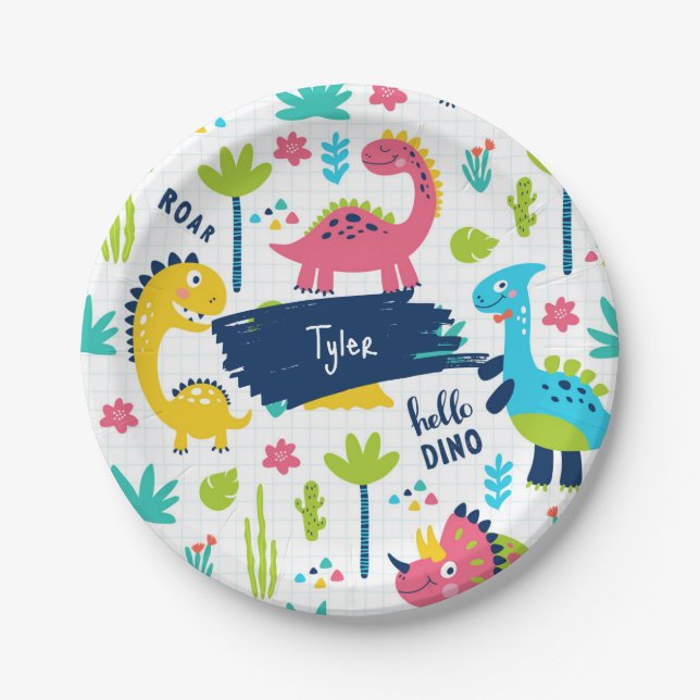 Colourful Dinosaur Pattern with Kids Name Birthday Paper Plate (Front)