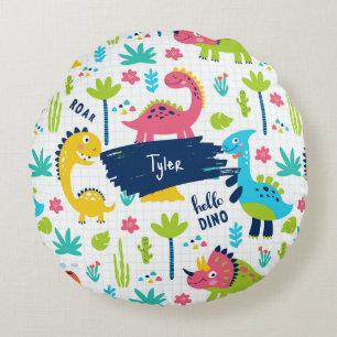 Colourful Dinosaur Pattern with Kids Name Round Cushion