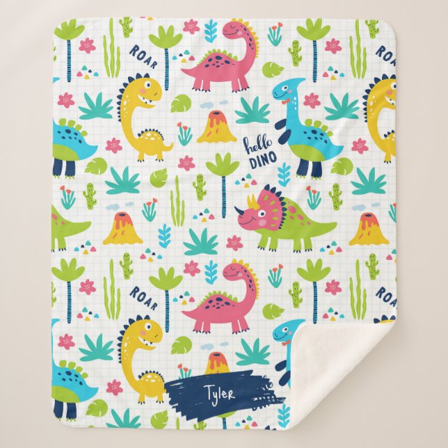 Colourful Dinosaur Pattern with Kids Name Sherpa Blanket (Front)