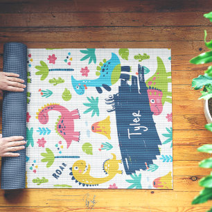 Colourful Dinosaur Pattern with Kids Name Yoga Mat