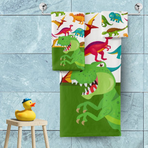 Colourful Dinosaur Pattern with Name T-Rex Green Bath Towel Set