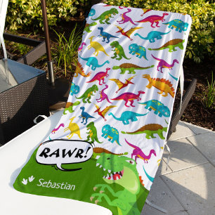 Colourful Dinosaur Pattern with Name T-Rex Green Beach Towel