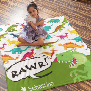 Colourful Dinosaur Pattern with Name T-Rex Green Fleece Blanket