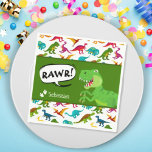Colourful Dinosaur Pattern with Name T-Rex Green Napkin<br><div class="desc">Does your little boy or girl love dinosaurs? This custom birthday party paper napkin is perfect! There's a big T-Rex saying RAWR, dinosaur footprints and your little kid's name on white, a green background, and a fun colourful dino pattern. This paper napkin makes a great personalised addition to your birthday...</div>