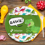 Colourful Dinosaur Pattern with Name T-Rex Green Paper Plate<br><div class="desc">Does your little boy or girl love dinosaurs? This birthday party paper plate is perfect! There's a big T-Rex saying RAWR, dinosaur footprints and your little kid's name on white, a green background, and a fun colourful dino pattern. This paper plate makes a great addition to your birthday celebration for...</div>