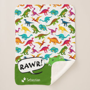 Colourful Dinosaur Pattern with Name T-Rex Green S Sherpa Blanket