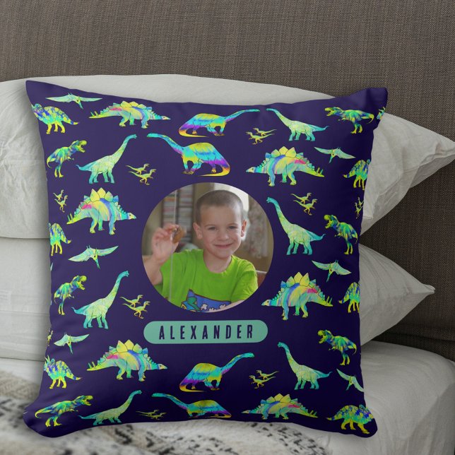 Colourful Dinosaur Personalised Boys Photo and Nam Cushion (Colorful dinosaur pattern personalized name and photo boys navy blue and green pillow)