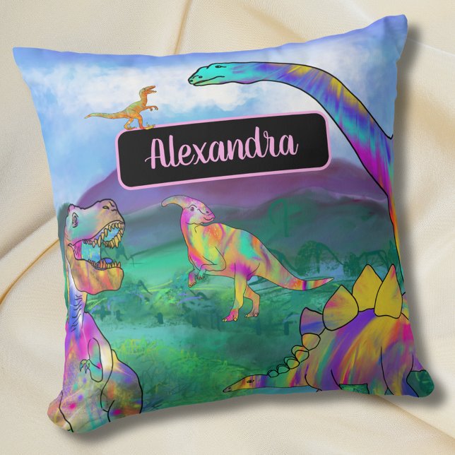 Colourful Dinosaur Personalised Name Cushion (Colorful dinosaurs personalized girls name bedroom decor Cute dino kids custom bedroom home decor )
