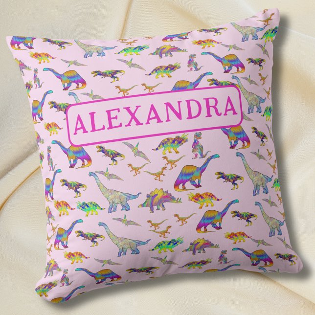 Colourful Dinosaur Personalised Name Cushion (Cute dinosaur personalized name pink pillow colorful dino pattern bedroom home decor for girls)
