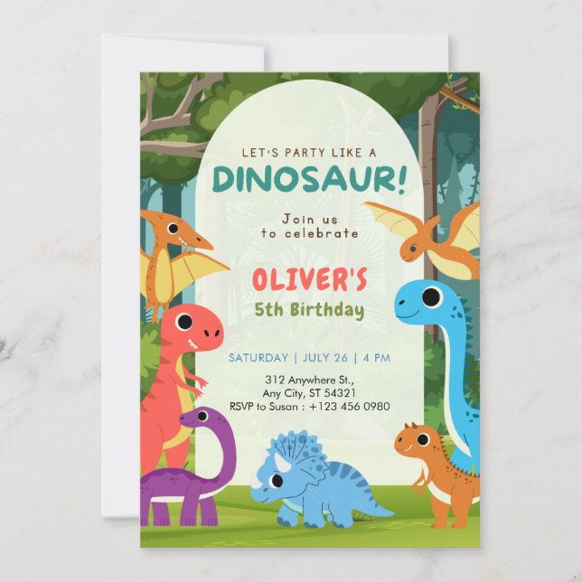 Colourful Dinosaur T-rex 5th Birthday Invitation   (Front)
