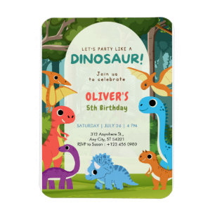 Colourful Dinosaur T-rex 5th Birthday Invitation Magnet