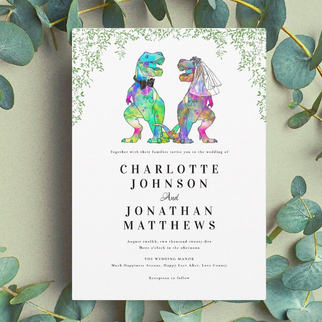 Colourful Dinosaur Theme Wedding Invitation (Colorful dinosaur theme wedding invitation with modern script and watercolor foliage)