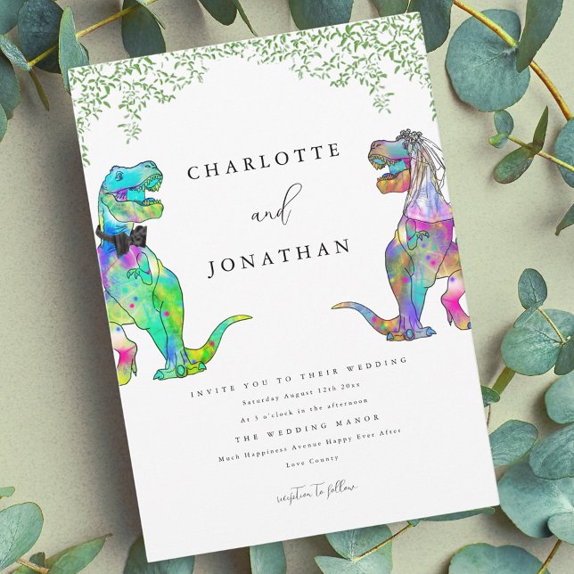 Colourful Dinosaur Theme Wedding Invitation (Colorful Dinosaur theme wedding invitation with eucalyptus foliage)