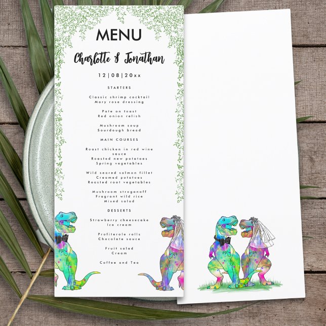 Colourful Dinosaur Theme Wedding  Menu (Colorful T-Rex bride and groom dinosaur wedding day menu with jungle foliage)