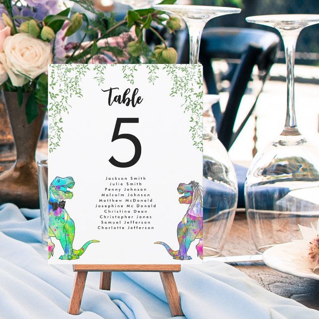 Colourful Dinosaur theme Wedding Table Chart (Colorful dinosaur bride and groom fun t-rex bride and groom wedding table number chart)