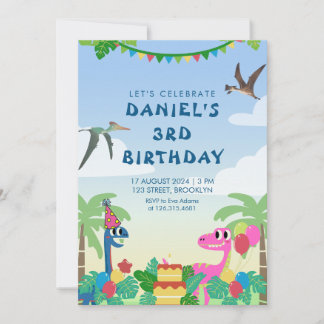 Colourful Dinosaur Themed Birthday Party Invitatio Invitation