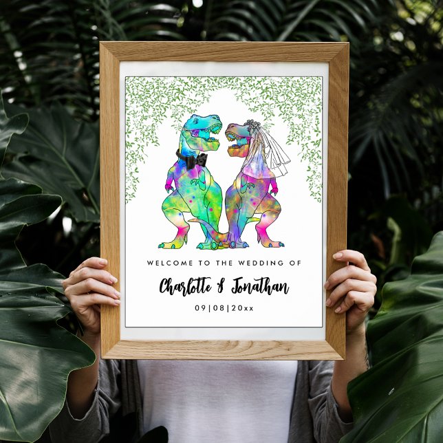 Colourful Dinosaur Themed Wedding Welcome Poster (Colorful dinosaur themed wedding welcome poster with funny T-Rex bride and groom and Jurassic jungle)