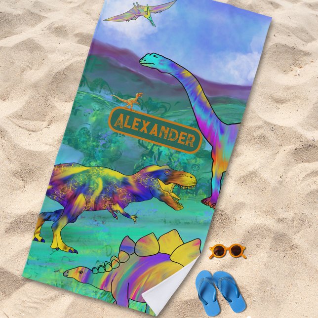 Colourful Dinosaurs Jurassic Landscape Name Beach Towel (Colorful dinosaurs Jurassic landscape custon name beach towel for dino loving kids)