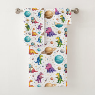 Colourful Dinosaurs Outer Space Planets Rainbow Bath Towel Set