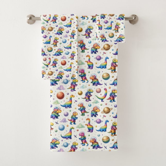 Colourful Dinosaurs Outer Space Planets Rainbow  Bath Towel Set (Insitu)