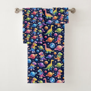 Colourful Dinosaurs Outer Space Planets Rainbow Bath Towel Set