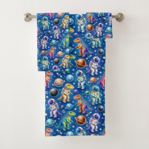 Colourful Dinosaurs Outer Space Planets Rainbow Bath Towel Set