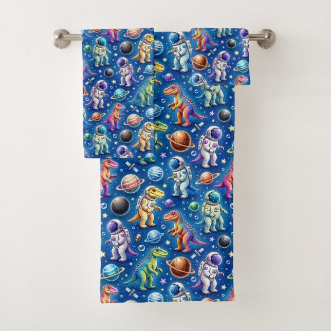 Colourful Dinosaurs Outer Space Planets Rainbow  Bath Towel Set (Insitu)