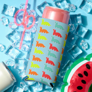 Colourful Dinosaurs pattern on blue Seltzer Can Cooler