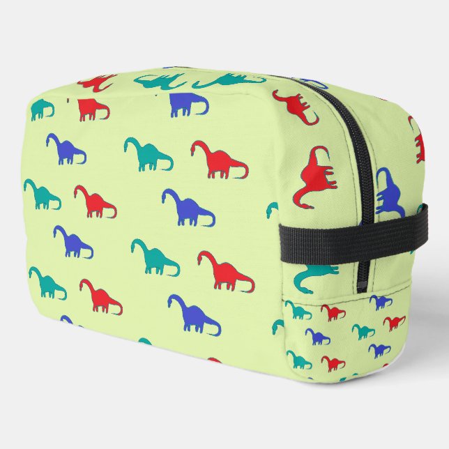 Colourful dinosaurs pattern on green dopp kit (Left Corner)
