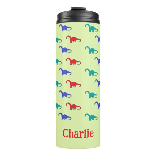 Colourful dinosaurs pattern on green thermal tumbler (Front)