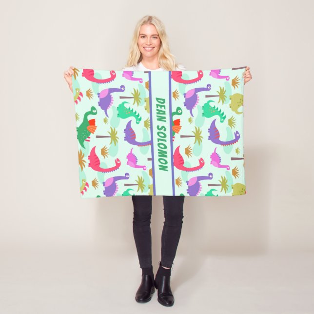 Colourful Dinosaurs Pattern Personalised Boys Fleece Blanket (In Situ)