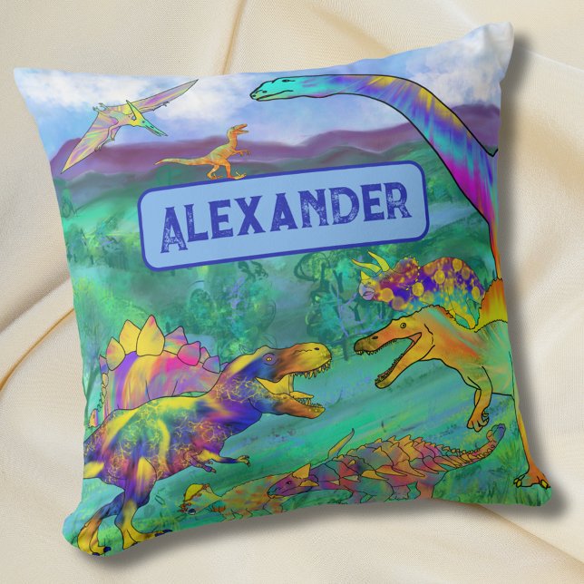 Colourful Dinosaurs Personalised Name Cushion (Colorful dinosaurs kids personalized name bedroom decor pillow Cute dino custom gift)