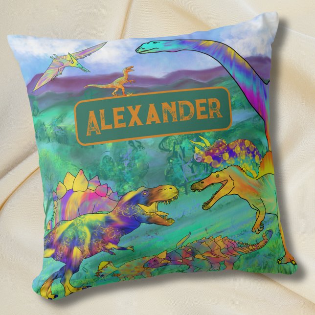 Colourful Dinosaurs Personalised Name Cushion (Colorful dinosaur kids personalized name bedroom watercolor Jurassic era dino home decor )