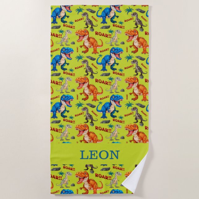 Colourful Dinosaurs Roaring Pattern Custom Name Beach Towel (Front)