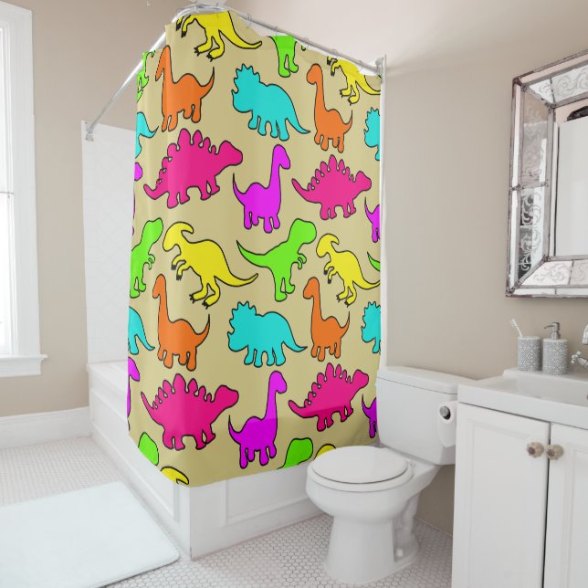 Colourful Dinosaurs Shower Curtain (In Situ)