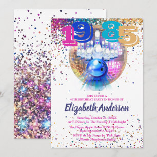 Colourful Disco Bowling 1985 40th Birthday Party Invitation