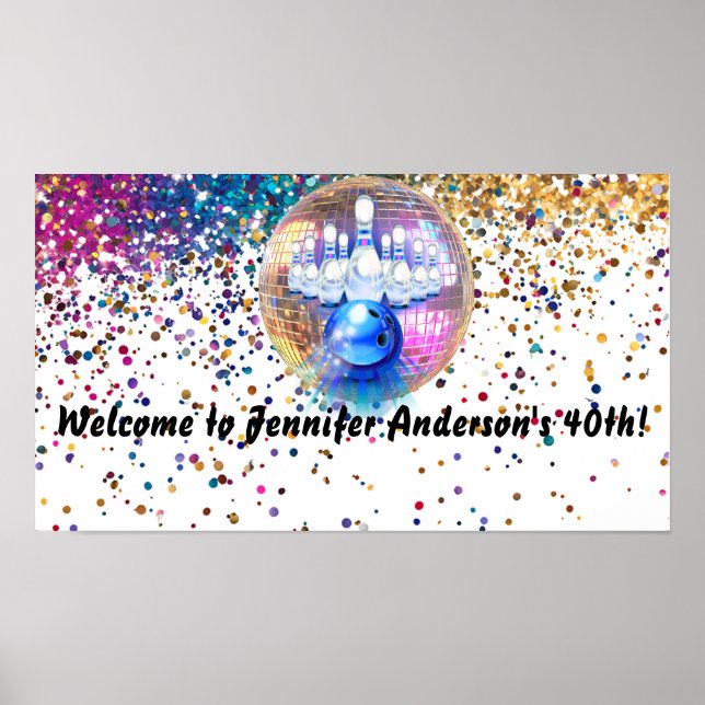 Colourful Disco Bowling 1985 40th Birthday Party Poster (Front)