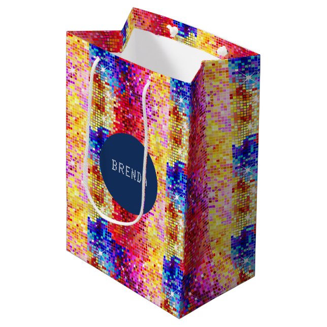 Colourful disco glitter geometric pattern medium gift bag (Front Angled)