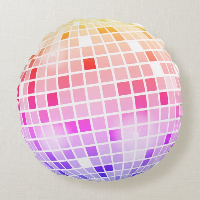 Colourful Disco Mirror Ball Retro 70s Round Cushion (Front)