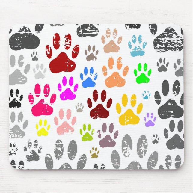 Colourful Distressed Dog Paw Prints On Grey Mouse Pad (Front)