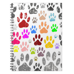 Colourful Distressed Dog Paw Prints On Grey Notebook