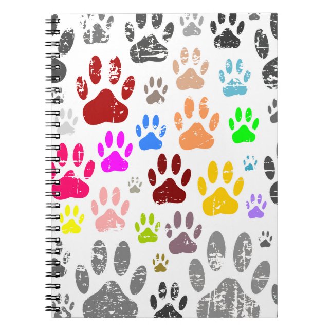 Colourful Distressed Dog Paw Prints On Grey Notebook (Front)