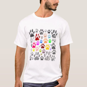Colourful Distressed Dog Paw Prints On Grey T-Shirt
