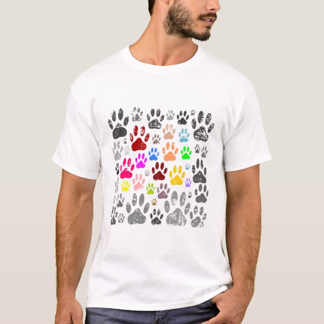 Colourful Distressed Dog Paw Prints On Grey T-Shirt (Front)